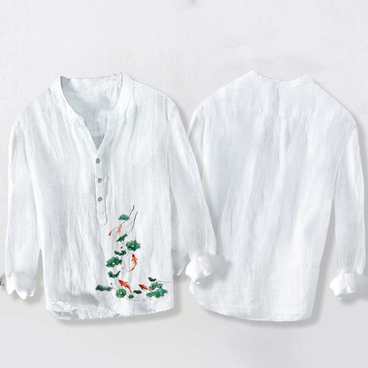 Koszula męska z długim rękawem z motywem Buddha Stones , ryby Koi i liści lotosu, z półguzikami, z bawełny i lnu - image 2