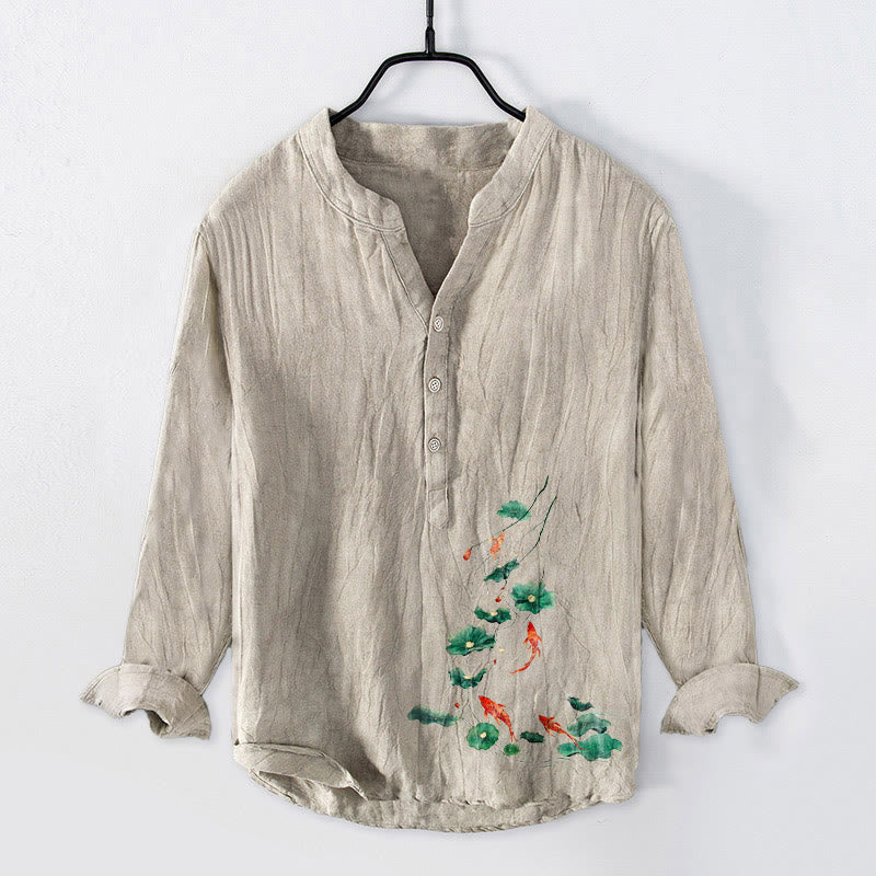 Koszula męska z długim rękawem z motywem Buddha Stones , ryby Koi i liści lotosu, z półguzikami, z bawełny i lnu - Bielizna - US/UK/AU50, EU60 (5XL) - image 3