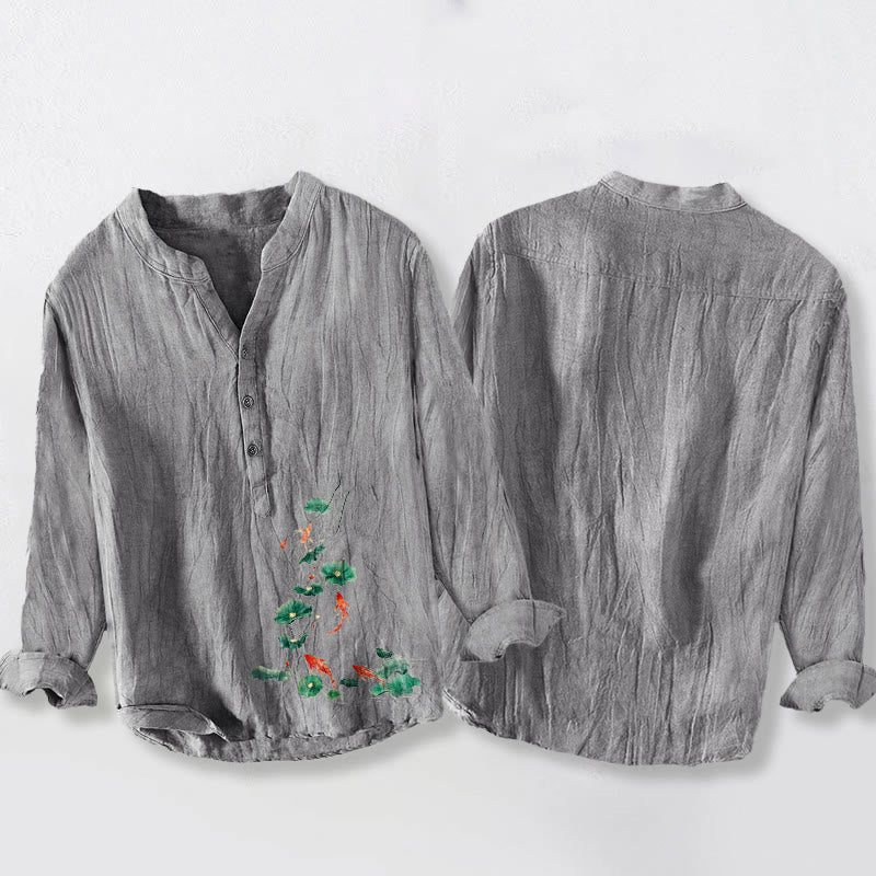 Koszula męska z długim rękawem z motywem Buddha Stones , ryby Koi i liści lotosu, z półguzikami, z bawełny i lnu - image 8