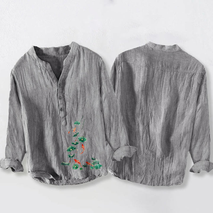 Koszula męska z długim rękawem z motywem Buddha Stones , ryby Koi i liści lotosu, z półguzikami, z bawełny i lnu - image 8