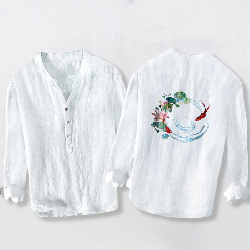 Koszula męska z długim rękawem z bawełny i lnu, z motywem kwiatów lotosu i kamieni Buddha Stones koi i liśćmi - image 8
