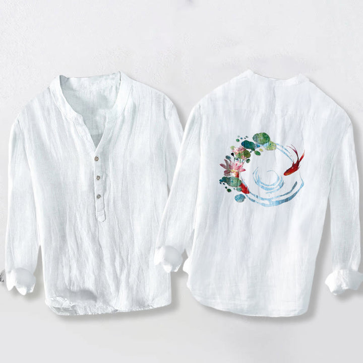 Koszula męska z długim rękawem z bawełny i lnu, z motywem kwiatów lotosu i kamieni Buddha Stones koi i liśćmi - image 8