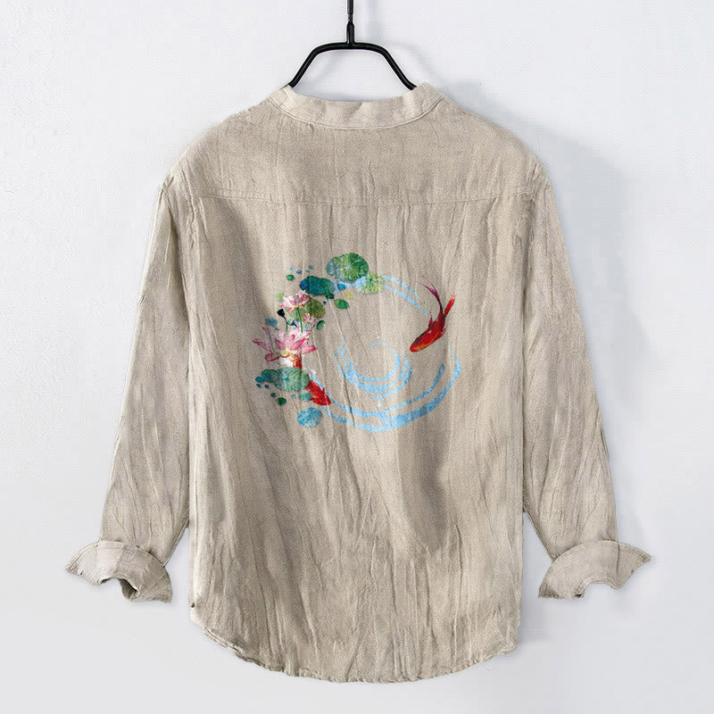 Koszula męska z długim rękawem z bawełny i lnu, z motywem kwiatów lotosu i kamieni Buddha Stones koi i liśćmi - Bielizna - US/UK/AU50, EU60 (5XL) - image 3