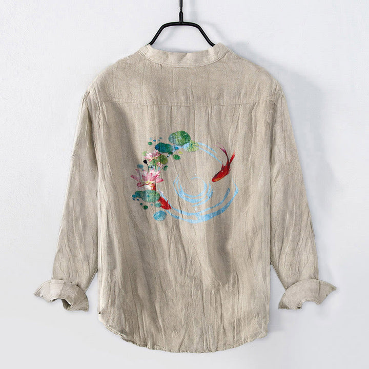 Koszula męska z długim rękawem z bawełny i lnu, z motywem kwiatów lotosu i kamieni Buddha Stones koi i liśćmi - Bielizna - US/UK/AU50, EU60 (5XL) - image 3