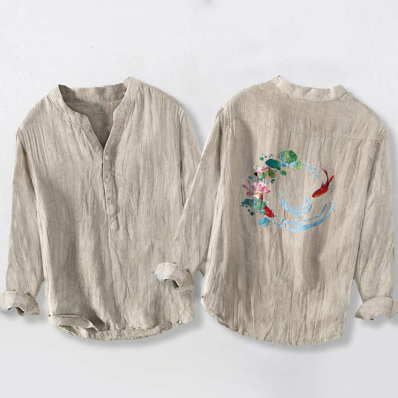 Koszula męska z długim rękawem z bawełny i lnu, z motywem kwiatów lotosu i kamieni Buddha Stones koi i liśćmi - image 5