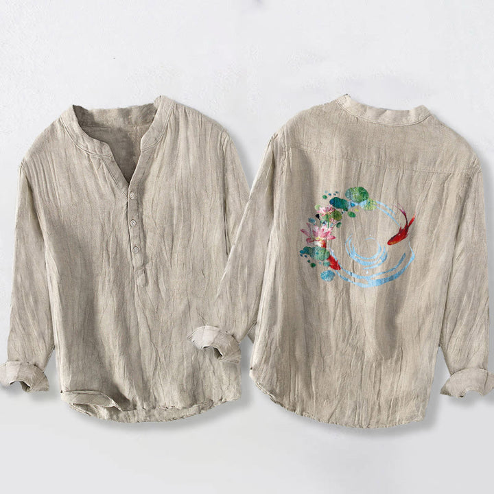 Koszula męska z długim rękawem z bawełny i lnu, z motywem kwiatów lotosu i kamieni Buddha Stones koi i liśćmi - image 5