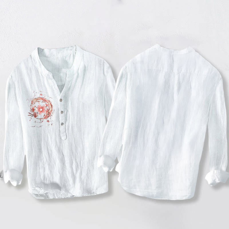 Koszula męska z długim rękawem z bawełny i lnu, z motywem różowego smoka i kwiatów wiśni, z półguzikami i kamieniami Buddha Stones - image 8