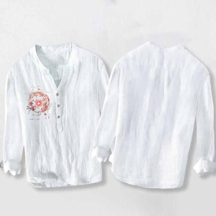 Koszula męska z długim rękawem z bawełny i lnu, z motywem różowego smoka i kwiatów wiśni, z półguzikami i kamieniami Buddha Stones - image 8