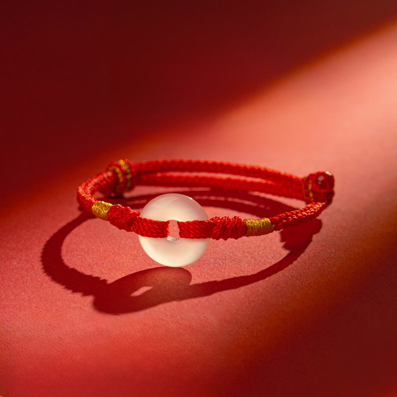 Bransoletka pleciona z białego chalcedonu i Buddha Stones z klamrą pokoju - Czerwona lina - 18-19 CM - image 0