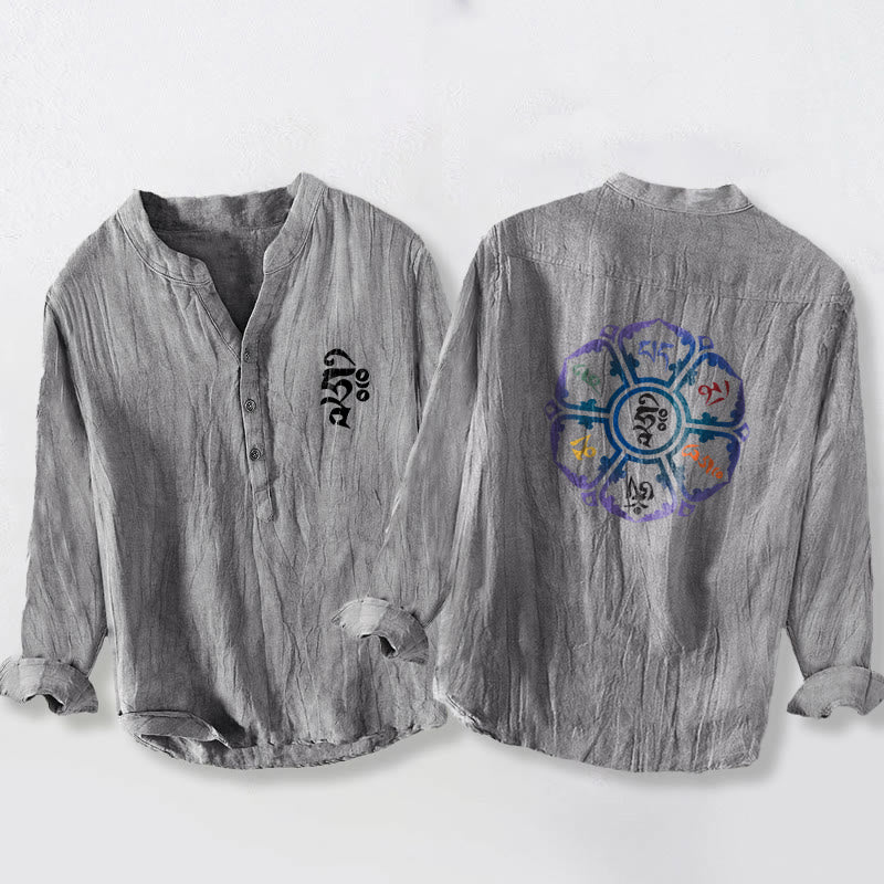 Koszula męska z długim rękawem z bawełny i lnu, z kolorowym wzorem mandali, z Buddha Stones Om Mani Padme Hum i półguzikami - Szary - US/UK/AU50, EU60 (5XL) - image 6