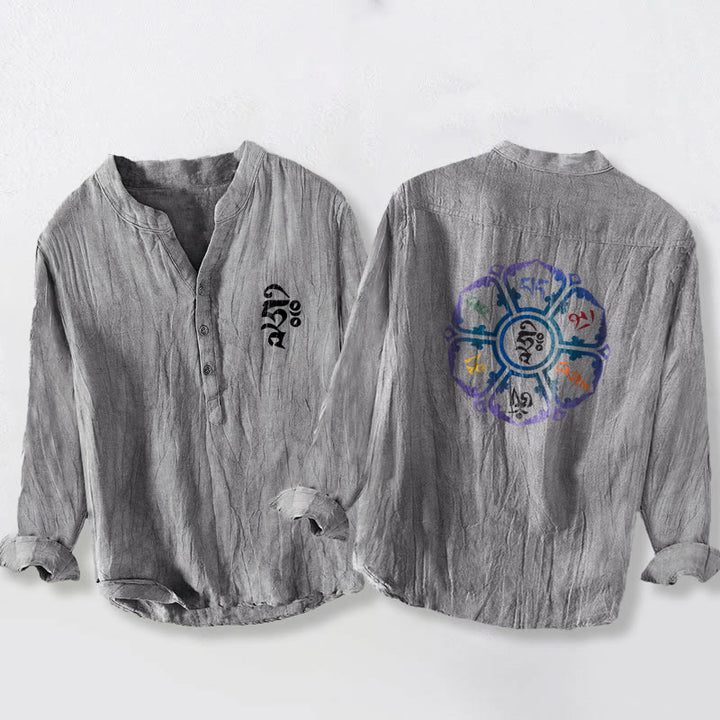Koszula męska z długim rękawem z bawełny i lnu, z kolorowym wzorem mandali, z Buddha Stones Om Mani Padme Hum i półguzikami - Szary - US/UK/AU50, EU60 (5XL) - image 6