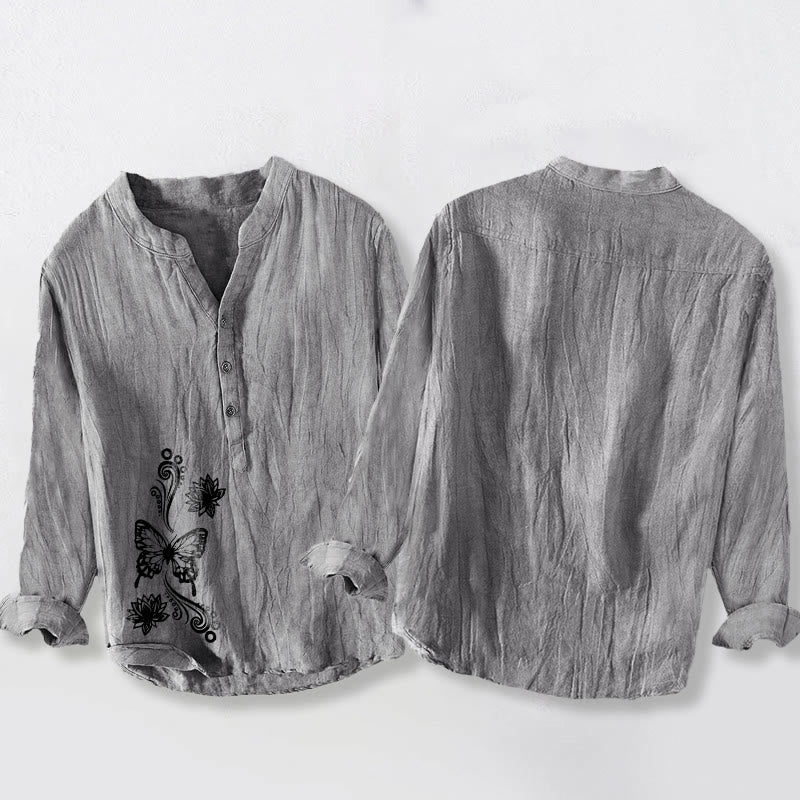 Koszula męska z długim rękawem z bawełny i lnu, z motywem motyla i kamieni Buddha Stones - image 5