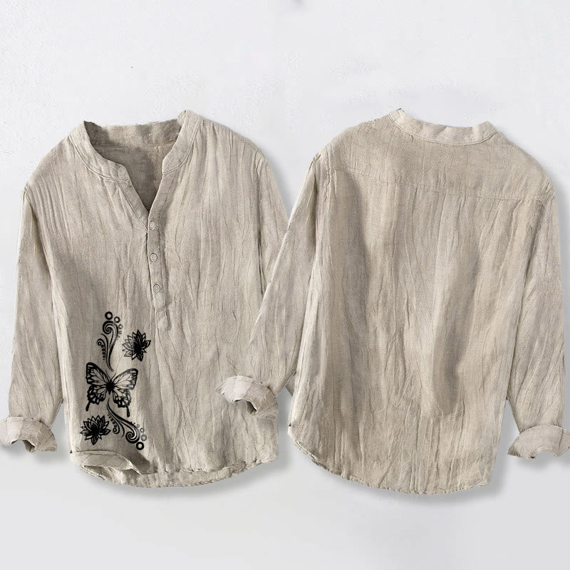 Koszula męska z długim rękawem z bawełny i lnu, z motywem motyla i kamieni Buddha Stones - image 2