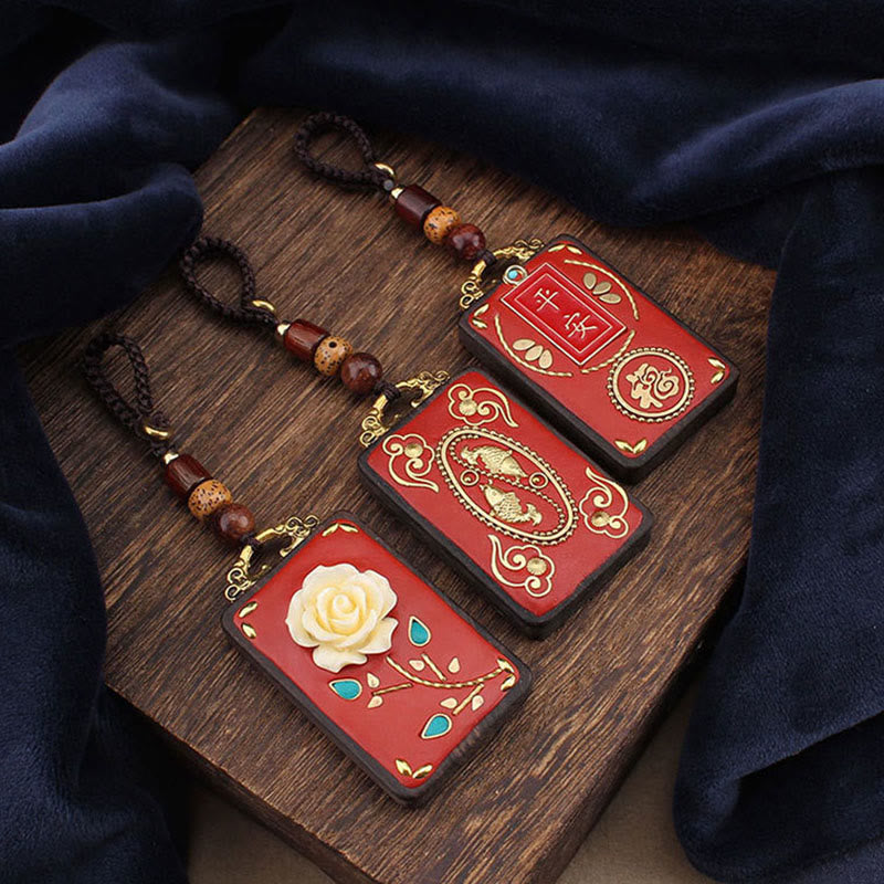 Buddha Stones, hebanowy kwiat, ryba Koi, znak Fu, breloczek z guzikiem i liną - image 0