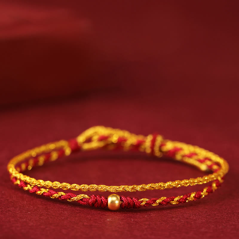 Bransoletka z Buddha Stones 999 złotych koralików, miedziana moneta, podwójnie owinięta złotym czerwonym sznurkiem, pleciona - Złota pojedyncza kulka 999 - image 0
