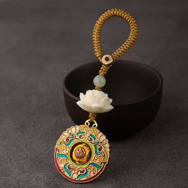 Buddha Stones, Nasiona Bodhi, Lotos, Koraliki z Jadeitu Hetian, Miedziany, Obrotowy Brelok do Kluczy Pokoju - Chmura pomyślności Fu - Żółty guzik liny - image 10