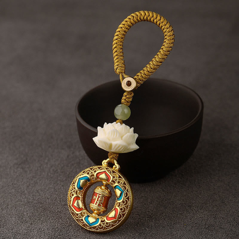 Buddha Stones, Nasiona Bodhi, Lotos, Koraliki z Jadeitu Hetian, Miedziany, Obrotowy Brelok do Kluczy Pokoju - Koło modlitewne - Żółty guzik liny - image 13