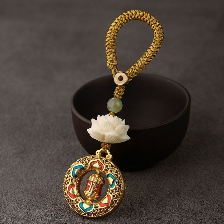 Buddha Stones, Nasiona Bodhi, Lotos, Koraliki z Jadeitu Hetian, Miedziany, Obrotowy Brelok do Kluczy Pokoju - Koło modlitewne - Żółty guzik liny - image 13
