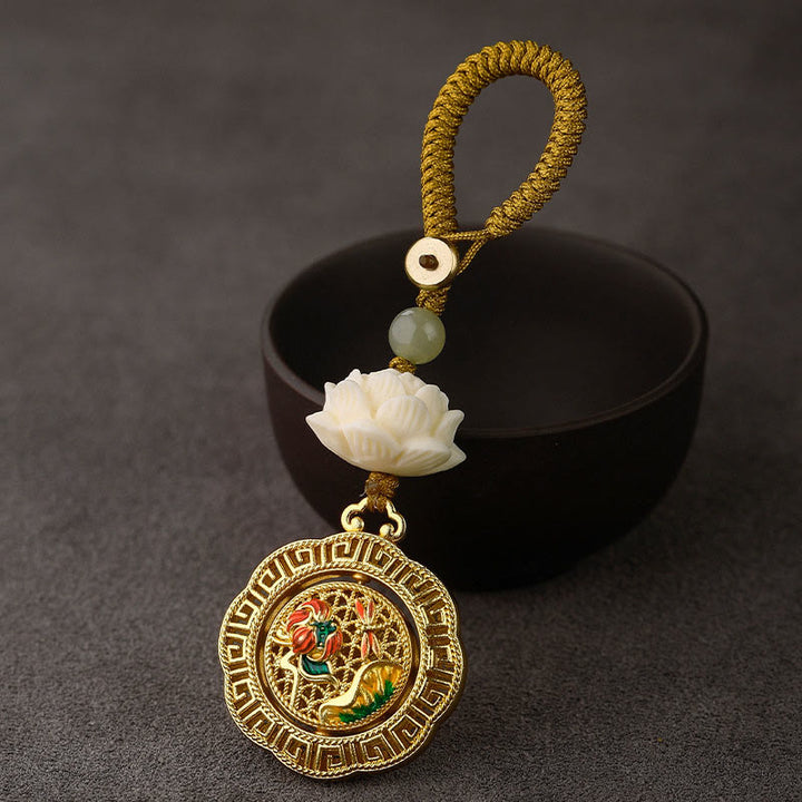 Buddha Stones, Nasiona Bodhi, Lotos, Koraliki z Jadeitu Hetian, Miedziany, Obrotowy Brelok do Kluczy Pokoju - Liść lotosu ważki - Żółty guzik liny - image 0