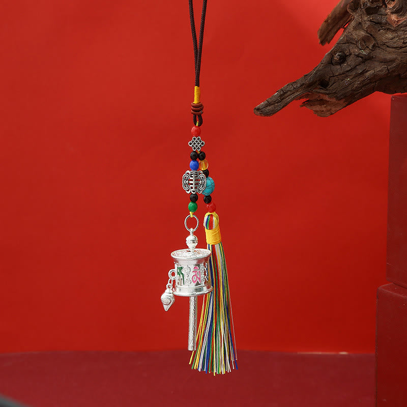 Buddha Stones, Koło Modlitewne , Om Mani Padme Hum, Kolorowe Frędzle, Brelok Czystości - Pełne srebro - image 3