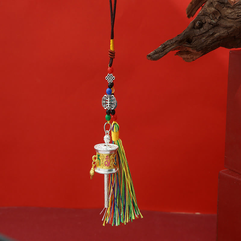 Buddha Stones, Koło Modlitewne , Om Mani Padme Hum, Kolorowe Frędzle, Brelok Czystości - Średnie złoto - image 4