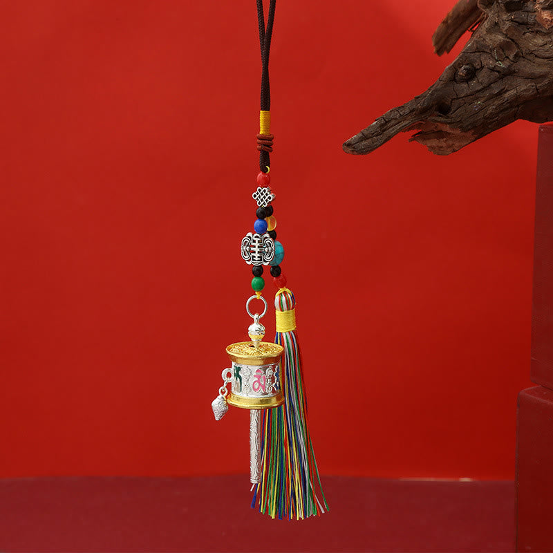 Buddha Stones, Koło Modlitewne , Om Mani Padme Hum, Kolorowe Frędzle, Brelok Czystości - Średnie srebro - image 5