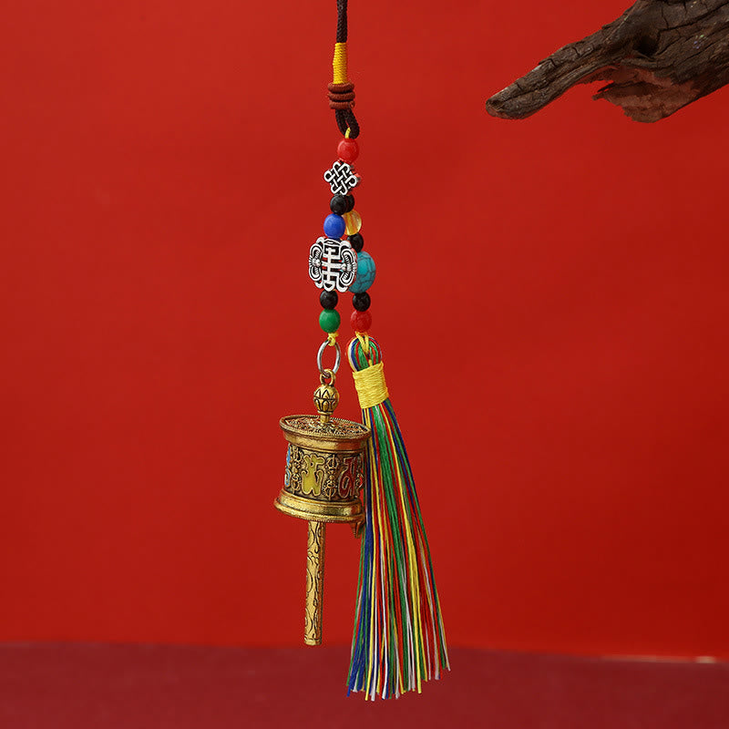 Buddha Stones, Koło Modlitewne , Om Mani Padme Hum, Kolorowe Frędzle, Brelok Czystości - Antyczne złoto - image 0