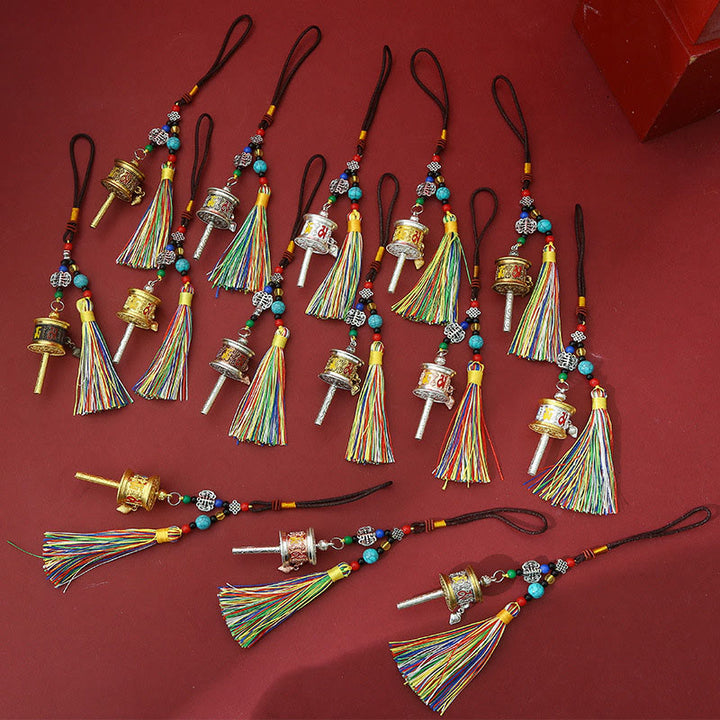 Buddha Stones, Koło Modlitewne , Om Mani Padme Hum, Kolorowe Frędzle, Brelok Czystości - image 15