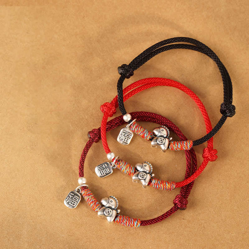 Bransoletka z plecionego sznurka z Buddha Stones ze srebra próby 999, Rok Konia, postać Fu, rok konia, rok konia - image 21