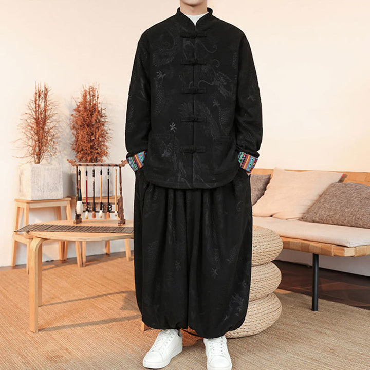 Buddha Stones, 2 szt., jesień/zima, męski garnitur Tang, smok, żaba, guziki, bawełniana kurtka z długim rękawem i spodniami - image 2