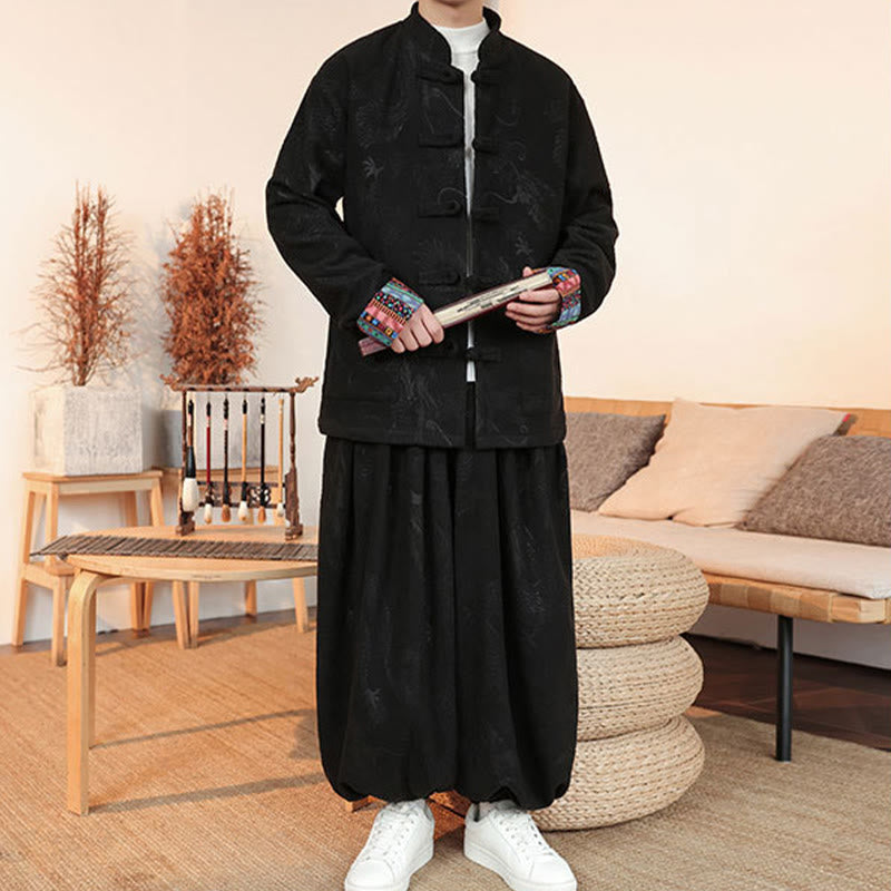 Buddha Stones, 2 szt., jesień/zima, męski garnitur Tang, smok, żaba, guziki, bawełniana kurtka z długim rękawem i spodniami - image 3