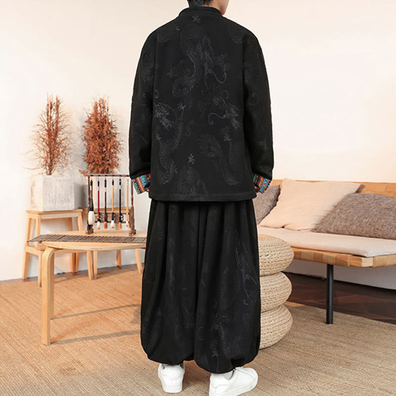 Buddha Stones, 2 szt., jesień/zima, męski garnitur Tang, smok, żaba, guziki, bawełniana kurtka z długim rękawem i spodniami - image 4