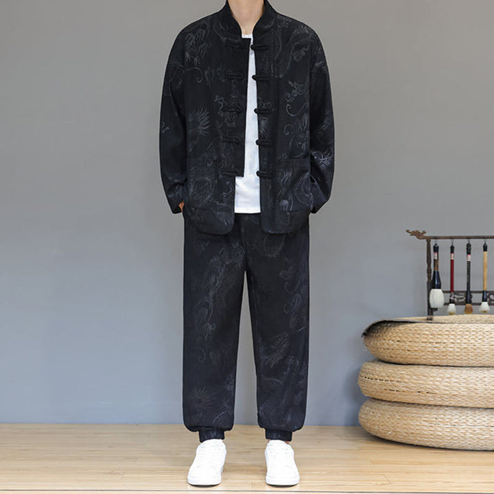 Buddha Stones 2 szt. Jesienno-zimowy męski garnitur Tang Dragon Frog-Button z bawełny sztruksowej z długim rękawem, kurtką i spodniami z kieszeniami - Czarny - US/UK/AU46， EU56 (5XL) - image 12