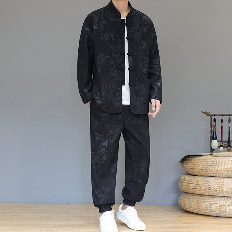 Buddha Stones 2 szt. Jesienno-zimowy męski garnitur Tang Dragon Frog-Button z bawełny sztruksowej z długim rękawem, kurtką i spodniami z kieszeniami - image 13