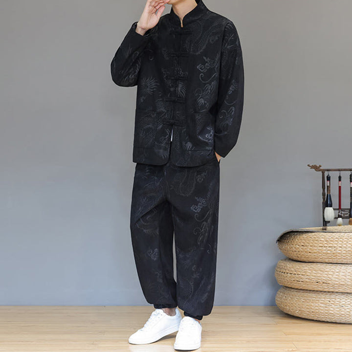 Buddha Stones 2 szt. Jesienno-zimowy męski garnitur Tang Dragon Frog-Button z bawełny sztruksowej z długim rękawem, kurtką i spodniami z kieszeniami - image 16