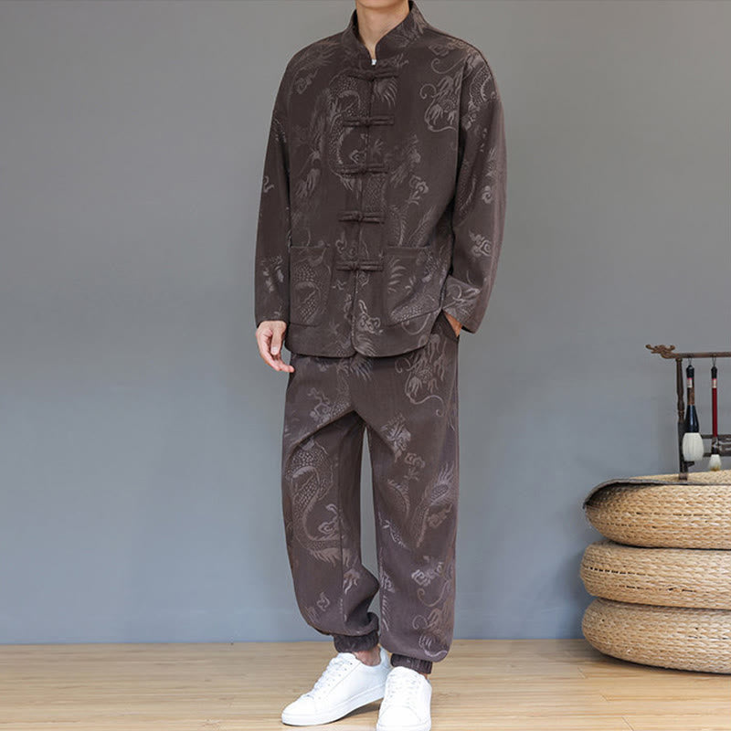 Buddha Stones 2 szt. Jesienno-zimowy męski garnitur Tang Dragon Frog-Button z bawełny sztruksowej z długim rękawem, kurtką i spodniami z kieszeniami - image 6
