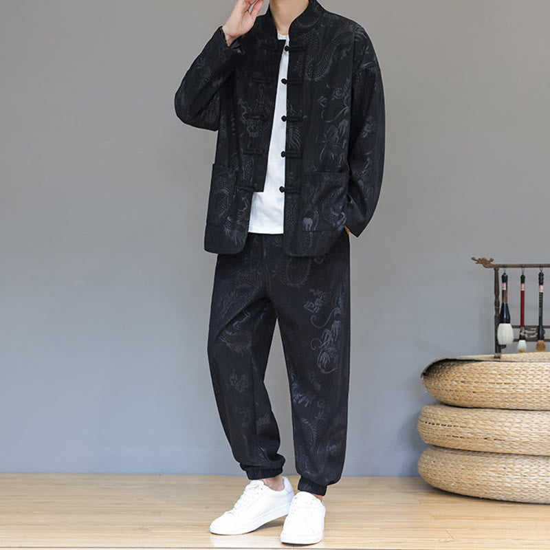 Buddha Stones 2 szt. Jesienno-zimowy męski garnitur Tang Dragon Frog-Button z bawełny sztruksowej z długim rękawem, kurtką i spodniami z kieszeniami - image 18