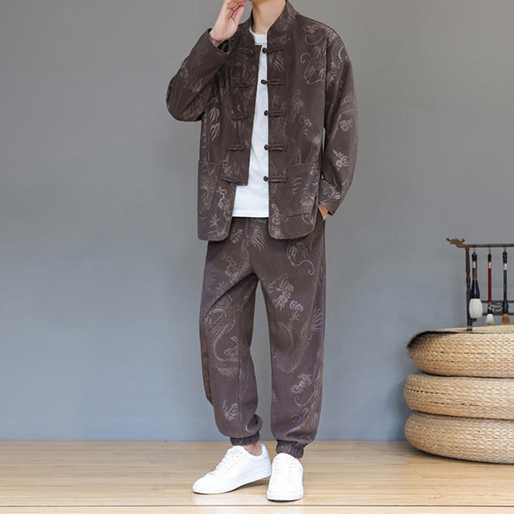 Buddha Stones 2 szt. Jesienno-zimowy męski garnitur Tang Dragon Frog-Button z bawełny sztruksowej z długim rękawem, kurtką i spodniami z kieszeniami - image 7