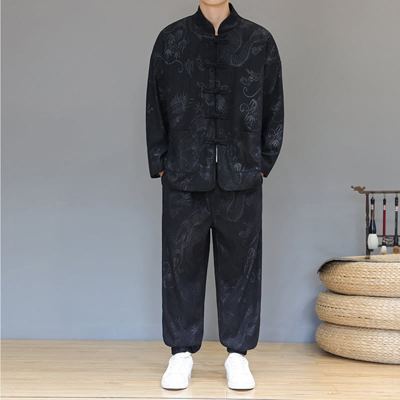 Buddha Stones 2 szt. Jesienno-zimowy męski garnitur Tang Dragon Frog-Button z bawełny sztruksowej z długim rękawem, kurtką i spodniami z kieszeniami - image 14