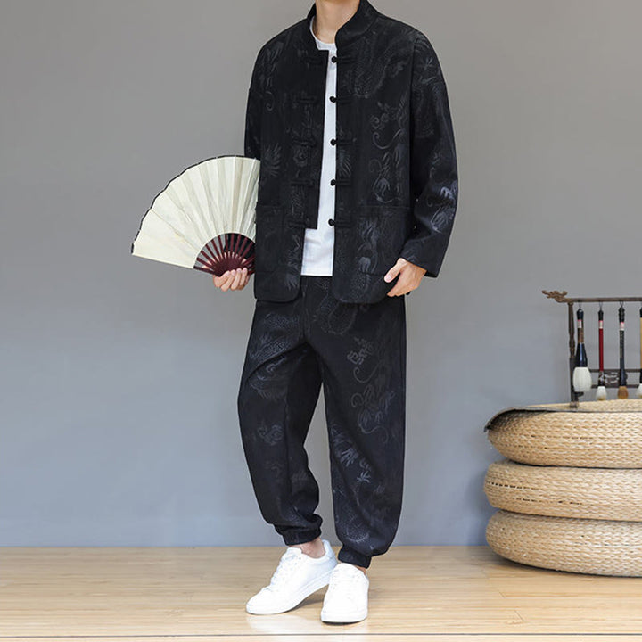 Buddha Stones 2 szt. Jesienno-zimowy męski garnitur Tang Dragon Frog-Button z bawełny sztruksowej z długim rękawem, kurtką i spodniami z kieszeniami - image 17