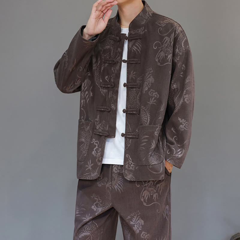 Buddha Stones 2 szt. Jesienno-zimowy męski garnitur Tang Dragon Frog-Button z bawełny sztruksowej z długim rękawem, kurtką i spodniami z kieszeniami - image 8
