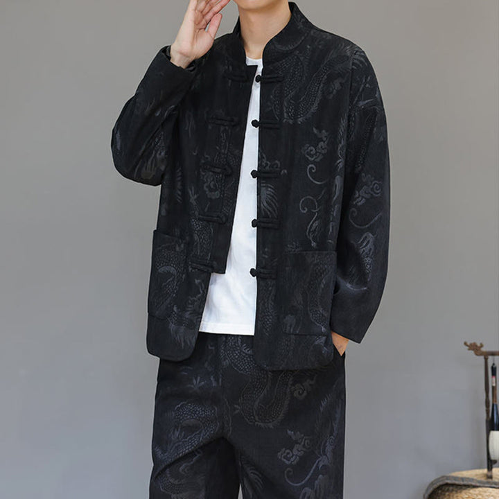 Buddha Stones 2 szt. Jesienno-zimowy męski garnitur Tang Dragon Frog-Button z bawełny sztruksowej z długim rękawem, kurtką i spodniami z kieszeniami - image 21