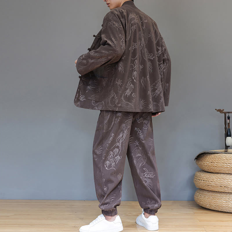 Buddha Stones 2 szt. Jesienno-zimowy męski garnitur Tang Dragon Frog-Button z bawełny sztruksowej z długim rękawem, kurtką i spodniami z kieszeniami - image 3