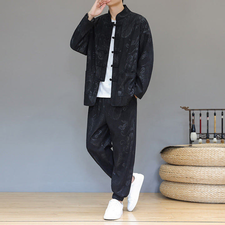 Buddha Stones 2 szt. Jesienno-zimowy męski garnitur Tang Dragon Frog-Button z bawełny sztruksowej z długim rękawem, kurtką i spodniami z kieszeniami - image 19