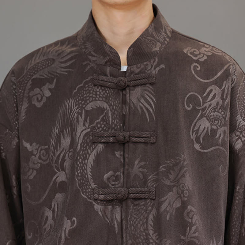 Buddha Stones 2 szt. Jesienno-zimowy męski garnitur Tang Dragon Frog-Button z bawełny sztruksowej z długim rękawem, kurtką i spodniami z kieszeniami - image 9