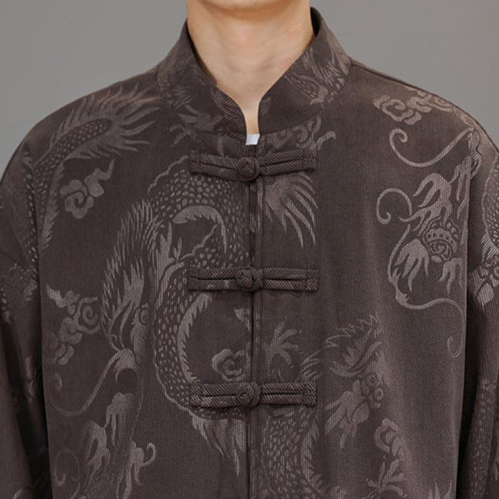 Buddha Stones 2 szt. Jesienno-zimowy męski garnitur Tang Dragon Frog-Button z bawełny sztruksowej z długim rękawem, kurtką i spodniami z kieszeniami - image 9