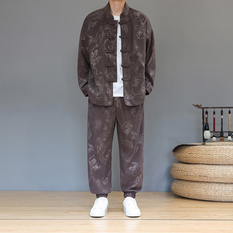 Buddha Stones 2 szt. Jesienno-zimowy męski garnitur Tang Dragon Frog-Button z bawełny sztruksowej z długim rękawem, kurtką i spodniami z kieszeniami - image 2