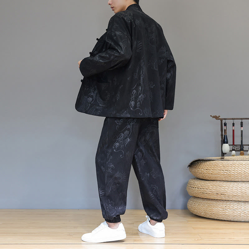 Buddha Stones 2 szt. Jesienno-zimowy męski garnitur Tang Dragon Frog-Button z bawełny sztruksowej z długim rękawem, kurtką i spodniami z kieszeniami - image 15