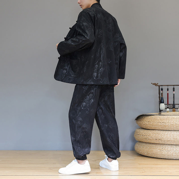 Buddha Stones 2 szt. Jesienno-zimowy męski garnitur Tang Dragon Frog-Button z bawełny sztruksowej z długim rękawem, kurtką i spodniami z kieszeniami - image 15