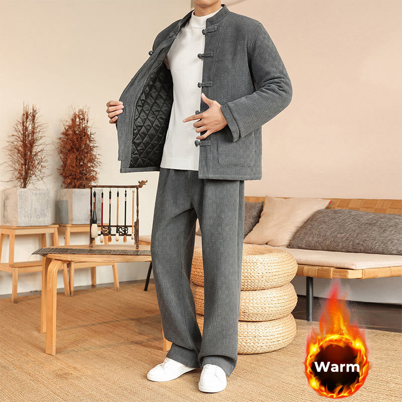 Buddha Stones, 2 szt., zimowy, solidny męski garnitur Tang, zapinany na guziki żabki, bawełniany, z długim rękawem, kurtką i spodniami, z kieszeniami - image 1